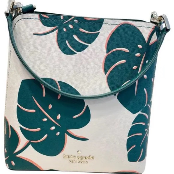 Kate Spade Darcy Small Bucket Crossbody Shoulder Purse green Monstera Leaves nwt - Picture 2 of 5